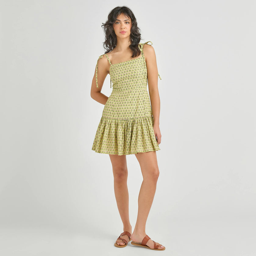 Womens Short Marilyn Dress - Green Prairie Block Print