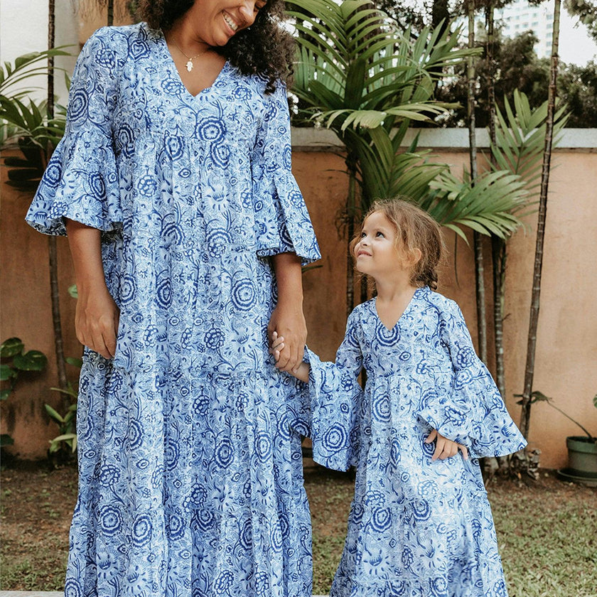 Block Printed Women's Dress - Blue Floral