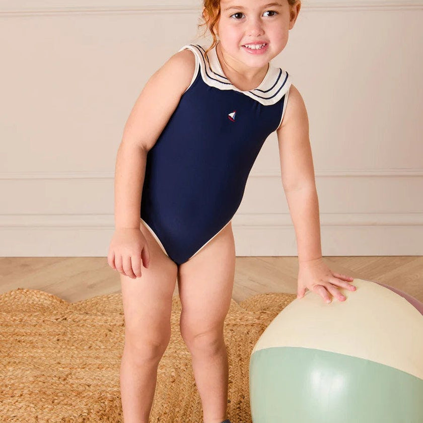Mariner Collar Embroidered Boat Motif Swimsuit in Navy (12mths-10yrs)