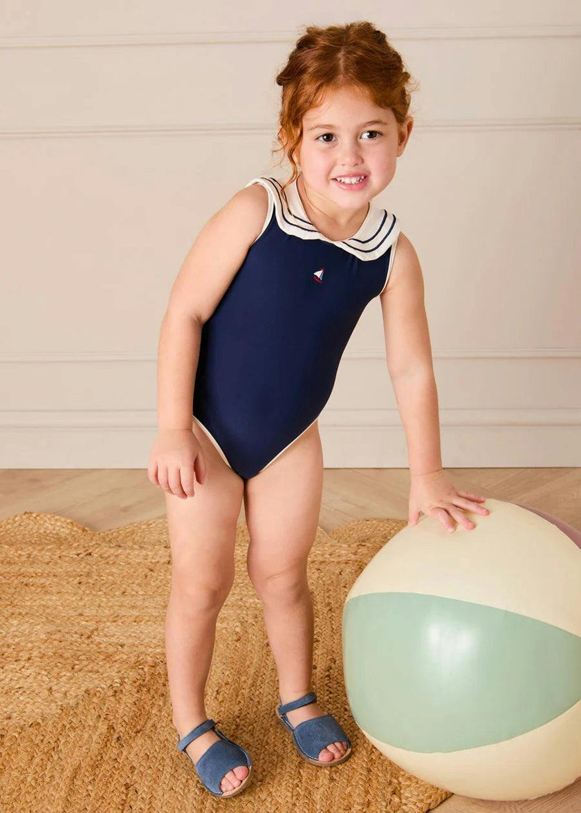 Mariner Collar Embroidered Boat Motif Swimsuit in Navy (12mths-10yrs)