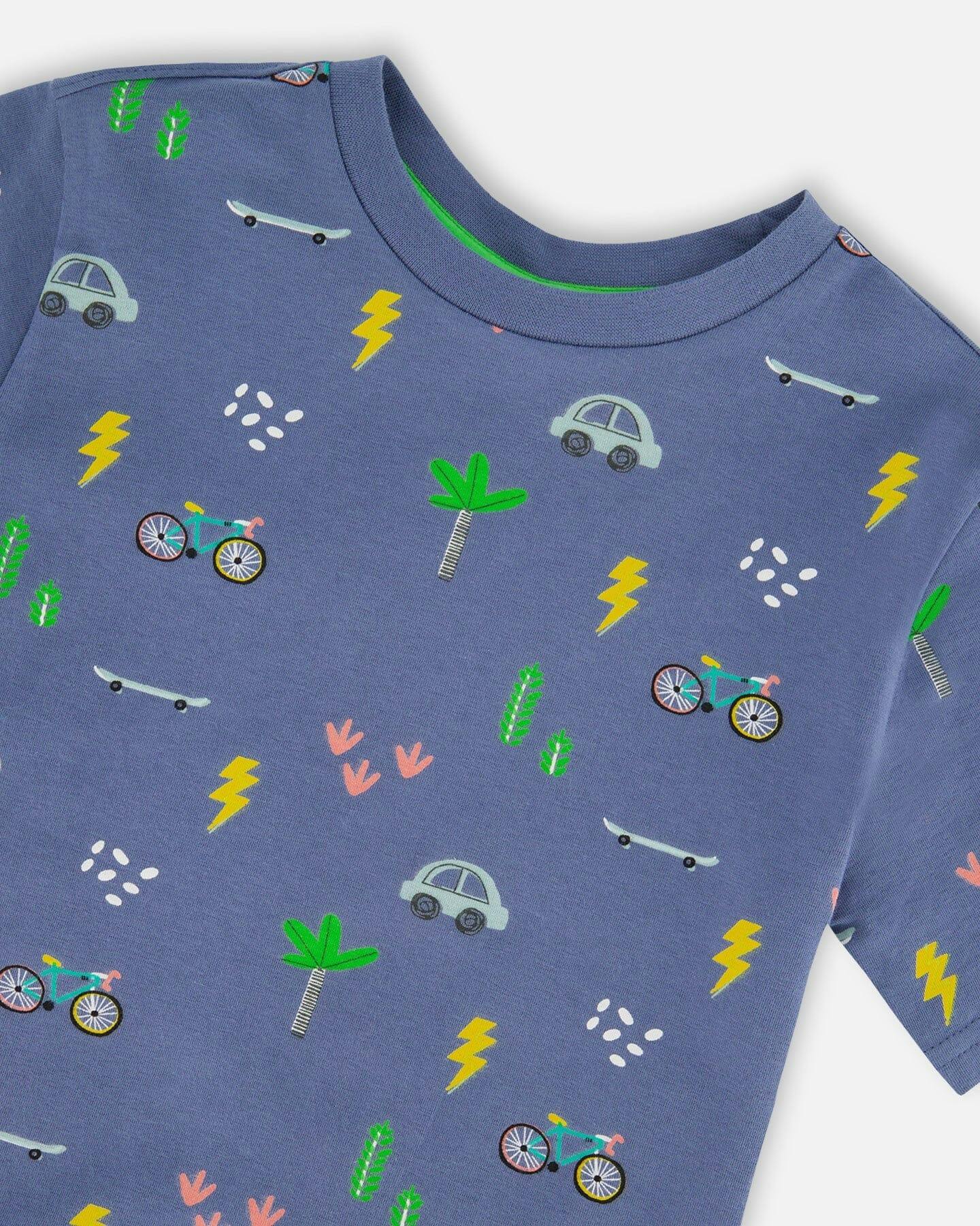 Organic Cotton Jersey T-Shirt Blue Bicycle Print