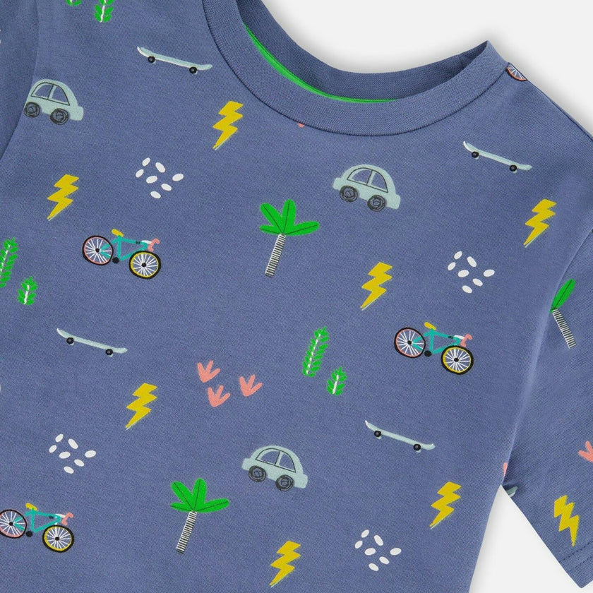 Organic Cotton Jersey T-Shirt Blue Bicycle Print