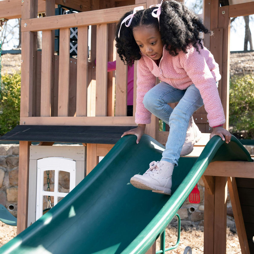 Acadia Manor Wooden Outdoor Swing Set / Playset With Zigzag Fireman'S Pole