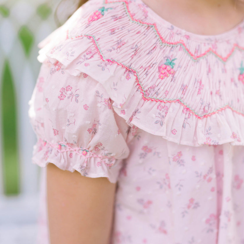 Myrtille Pink Floral Short Sleeve Bishop Dress
