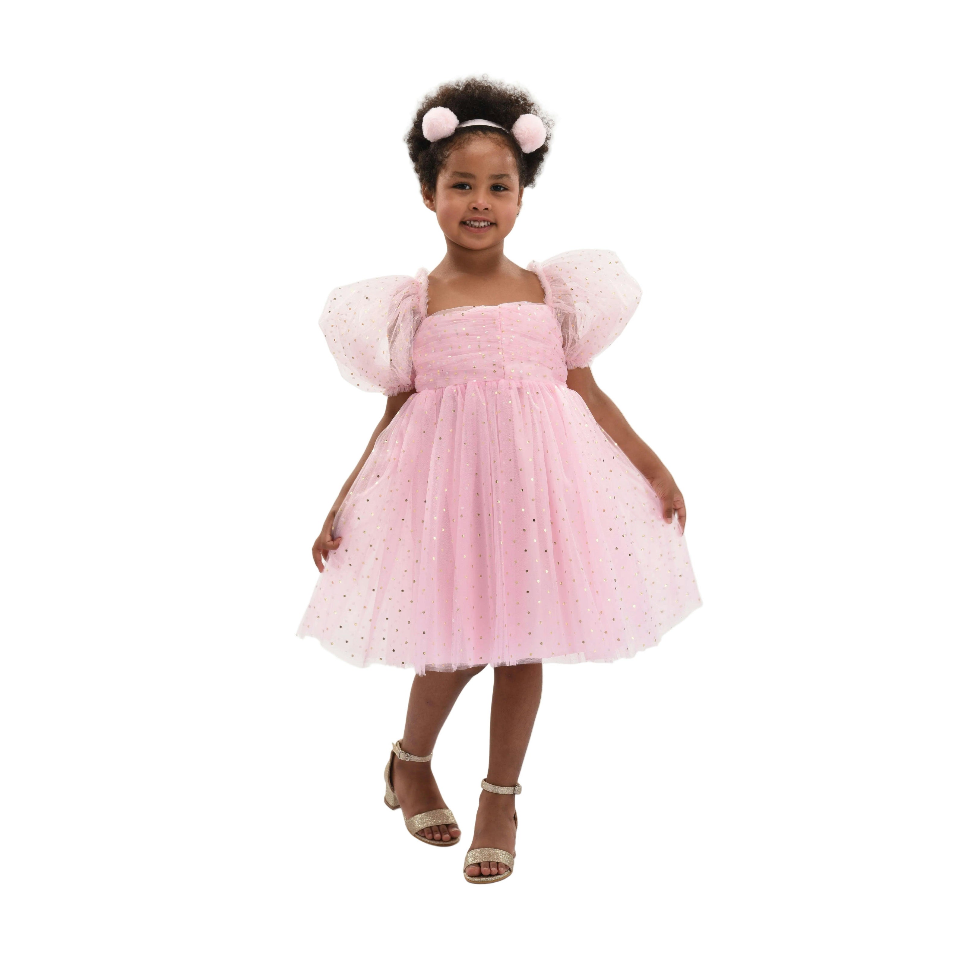 Pink Tulle Dress with Puffed Sleeves