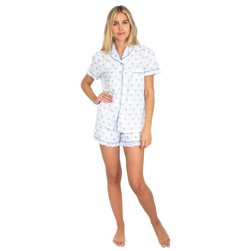 Women's Blue Palm Tree Short PJ Set - Organic Cotton Poplin