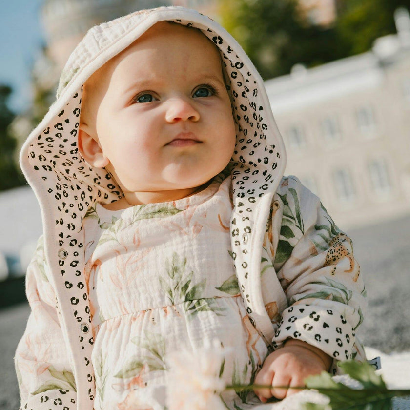 Muslin And Organic Cotton Jersey Reversible Hooded Jacket Peach Deer/Leopard Print
