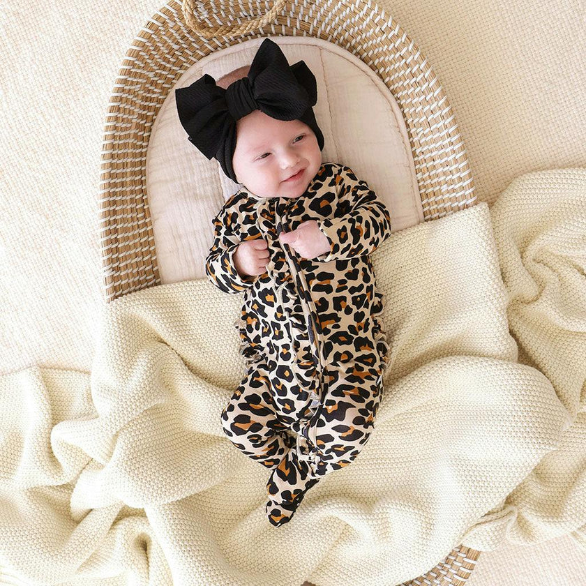 Lana Leopard Tan Footie Ruffled Zippered One Piece