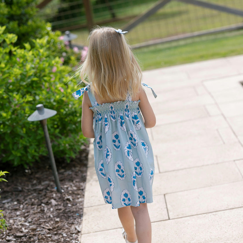 Teatime Dress | Smocked Tie Top | Medallion Flower Blue