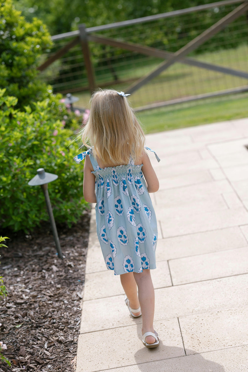Teatime Dress | Smocked Tie Top | Medallion Flower Blue