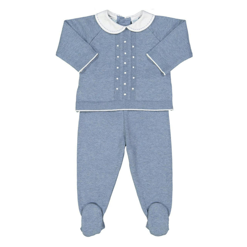 Pique Collar Dot Knit Set Blue