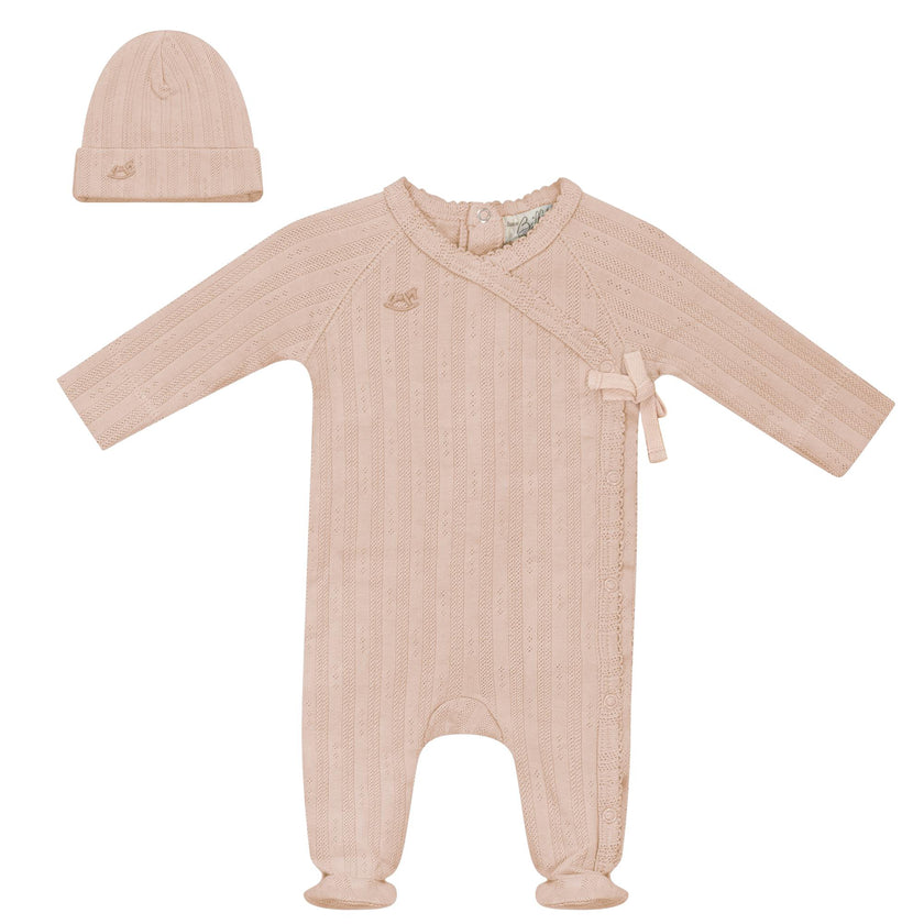 Wrap Ribbed Pointelle Romper and Hat Two Piece Set