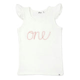 "One" Embroidered Cotton Rib Full Sleeve Tank, Cream And Pink