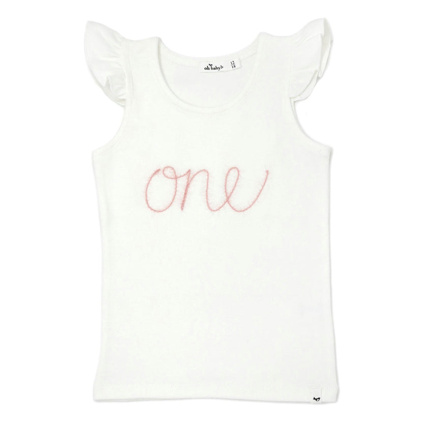 "One" Embroidered Cotton Rib Full Sleeve Tank, Cream And Pink