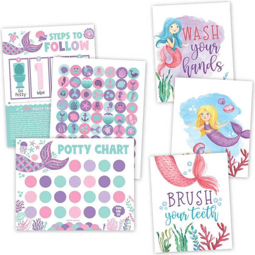 10-Piece Mermaid Potty Training Charts & 6-Piece Under the Sea Bathroom Wall Art Decor Prints