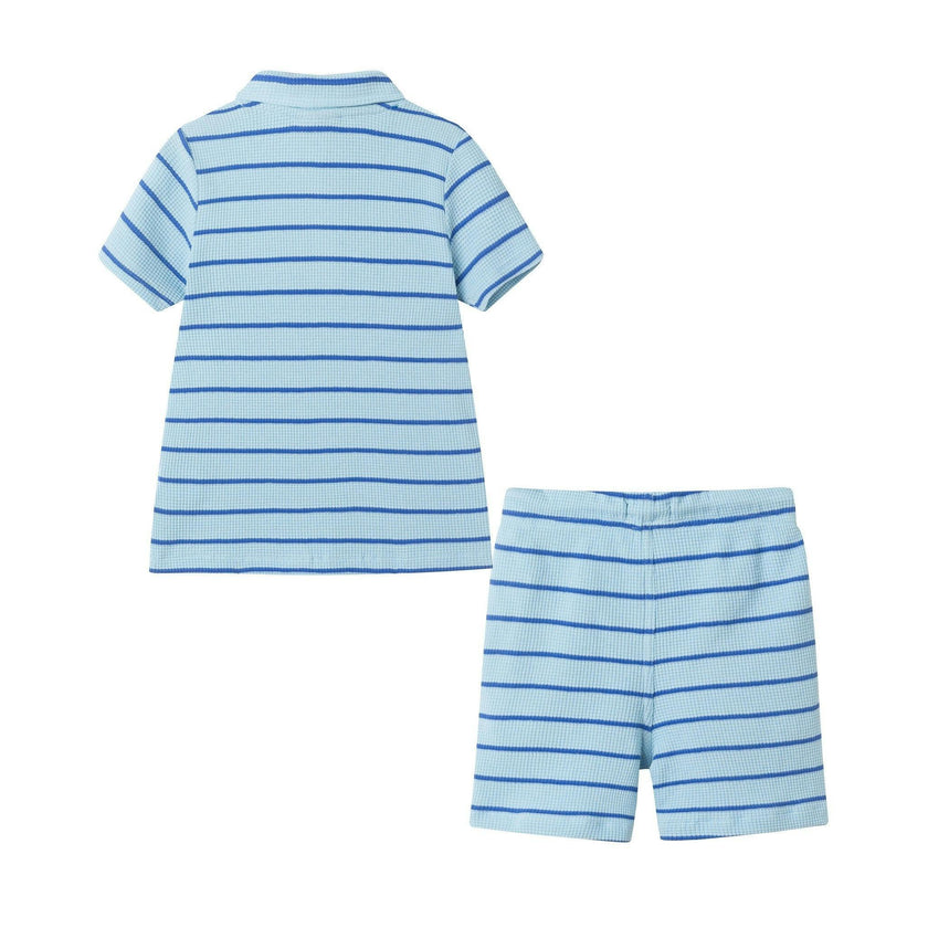 Boys Striped Waffle Polo Set | Blue Shark