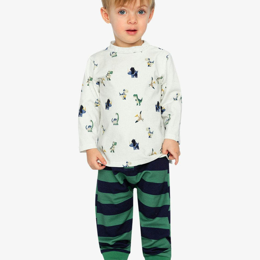 Cotton T-Shirt & Fleece Pant Set Beige Dinosaur Print