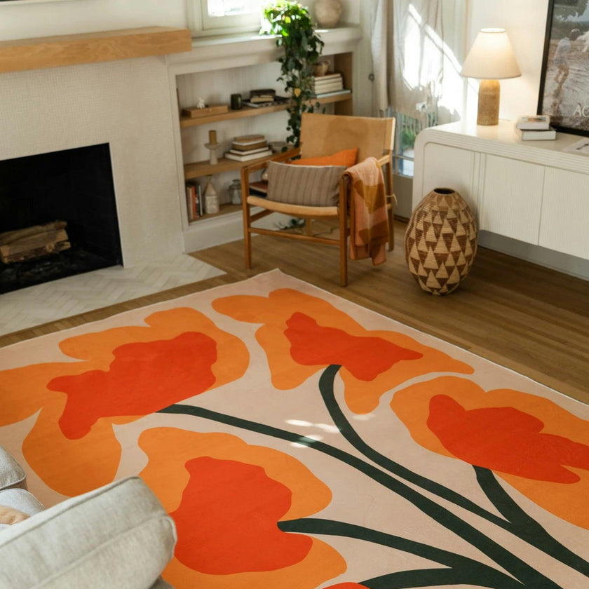 Orange Abstract Floral Sprig Rug by Sophie Deller