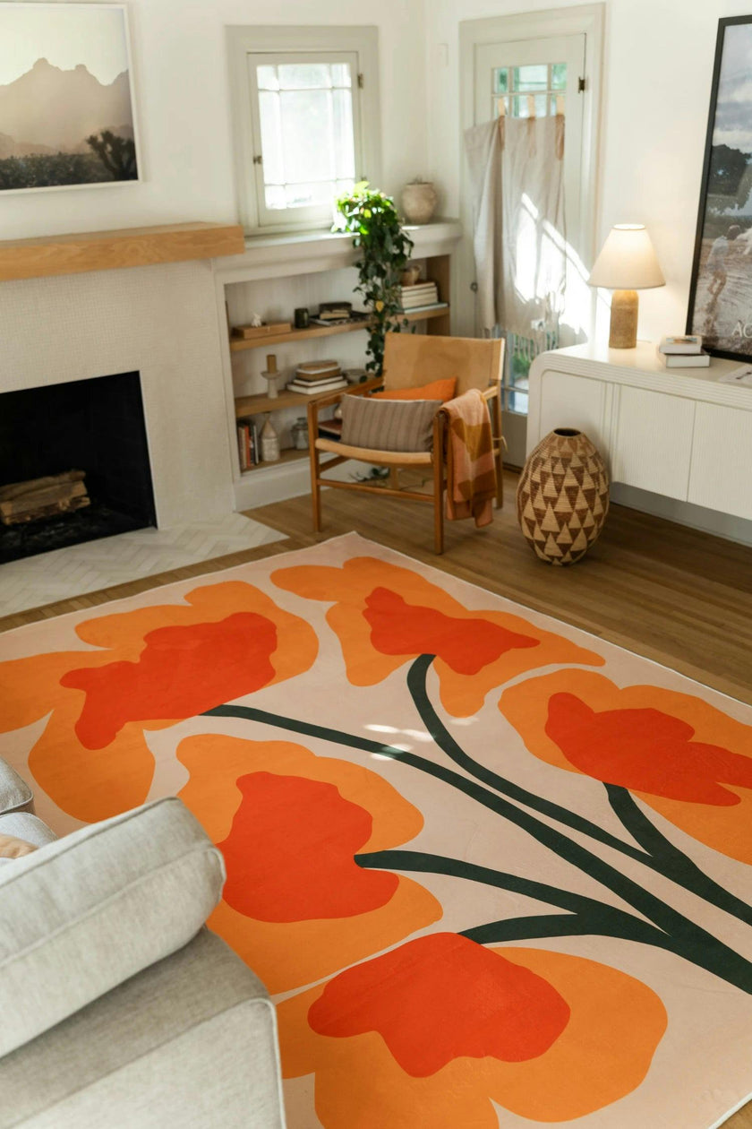 Orange Abstract Floral Sprig Rug by Sophie Deller