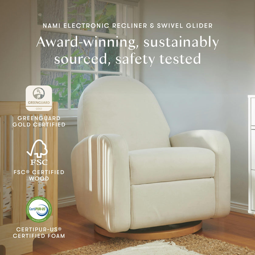 Nami Glider Recliner w/ Electronic Control and USB in Performance Cream Eco-Weave w/Light wood base