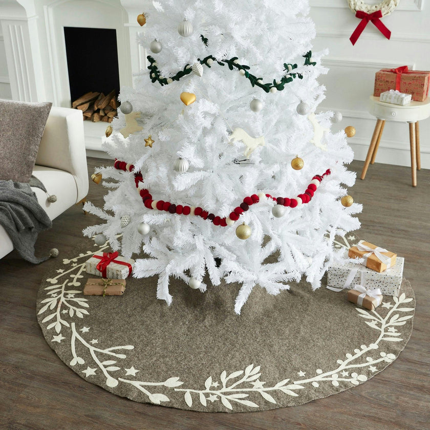 Handmade Branches and Stars Gray XL Christmas Tree Skirt Felt 72"