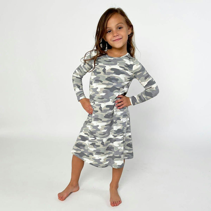 Grey Camo Bamboo Girls' Long Sleeve Dress