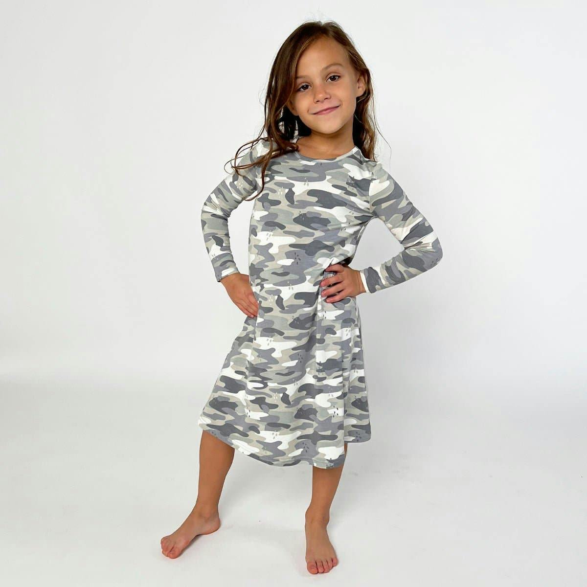 Grey Camo Bamboo Girls' Long Sleeve Dress