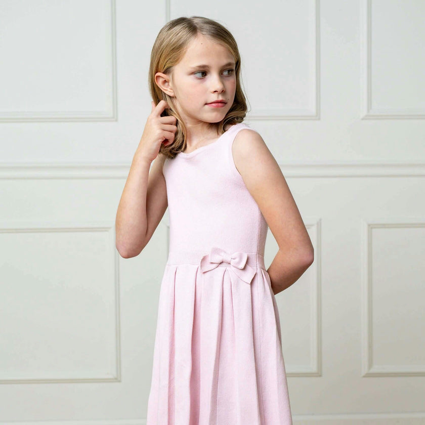 Organic Sleeveless Pleated Sweater Dress with Bow, Pink