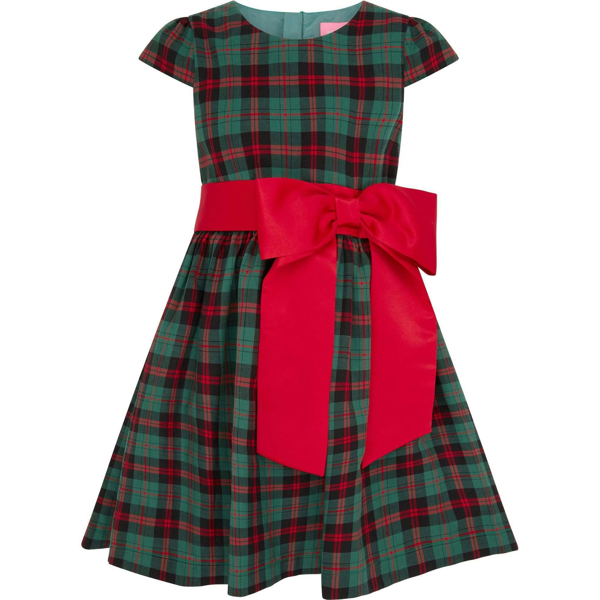 Cameron Plaid & Satin Bow Girls Party Dress