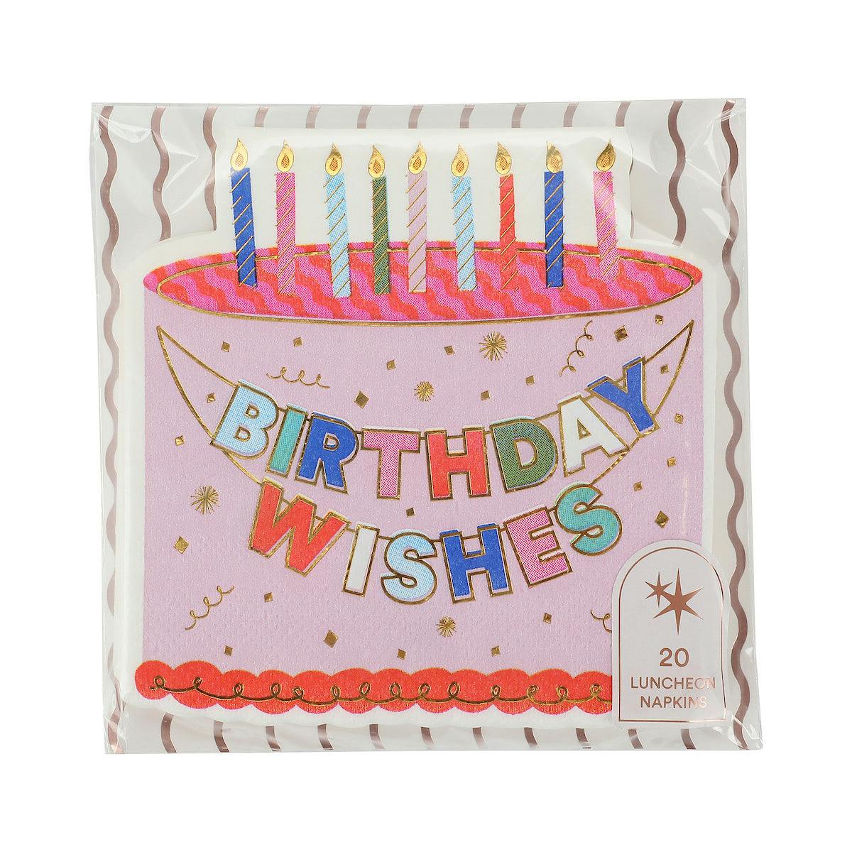 Packed Party Birthday Wishes Die-Cut Birthday Cake Napkins 20ct - Gold Foil Shaped 3-Ply Celebration Napkins for Dessert Tables