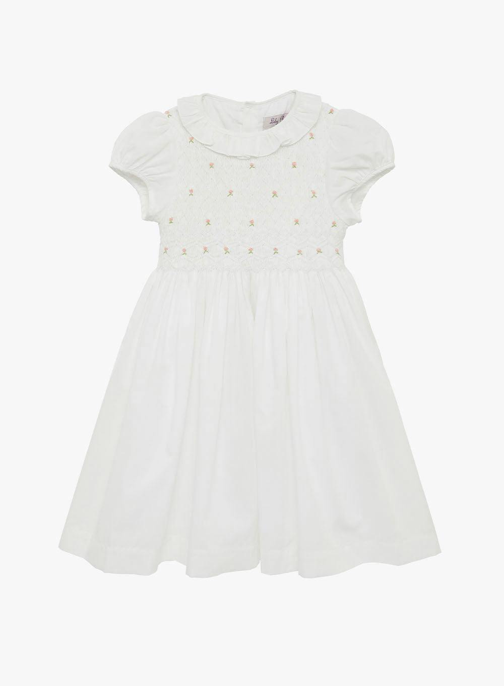 Willow Rose Hand Smocked Dress in White