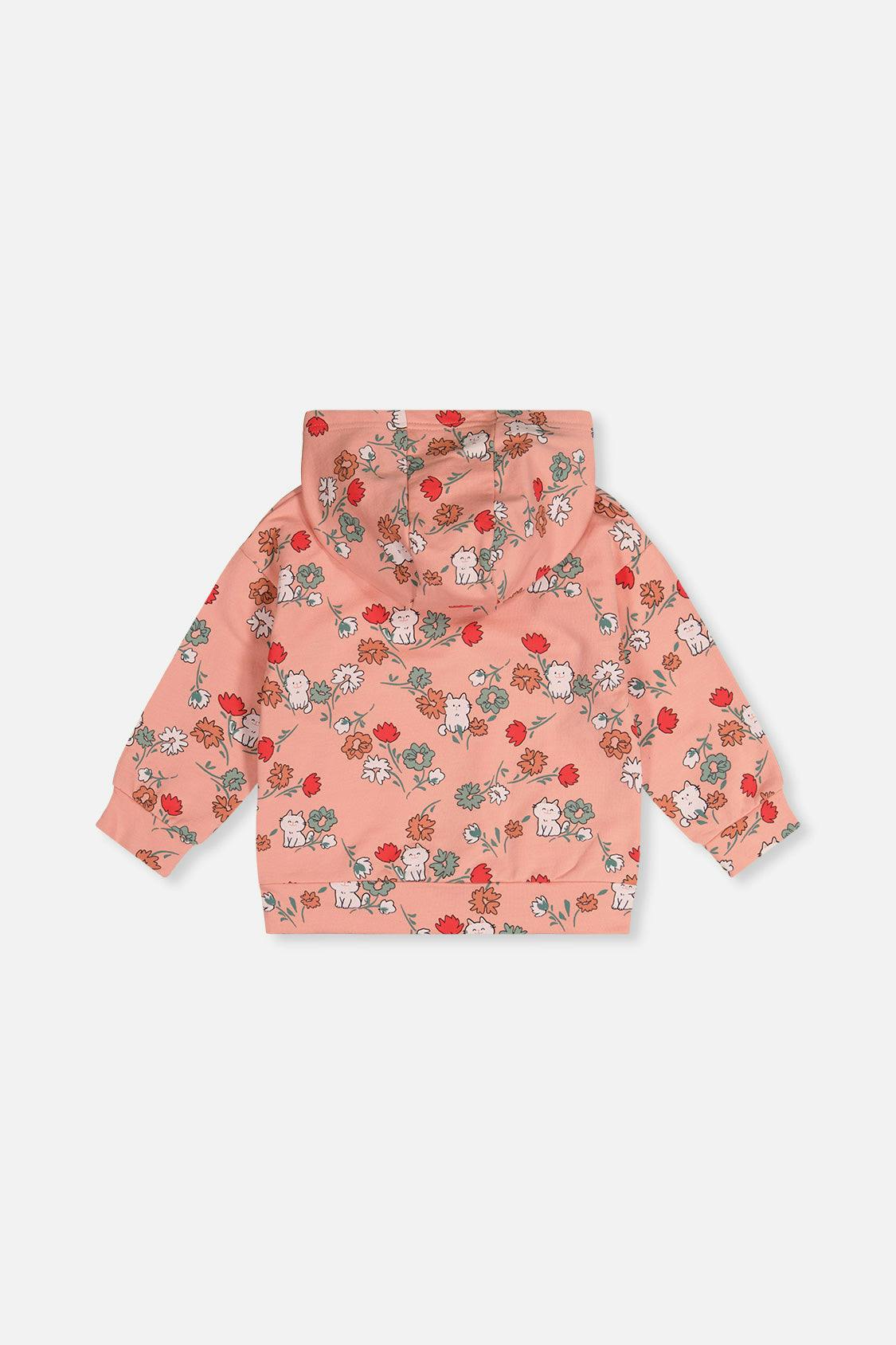 French Terry Hooded Cardigan Pink Cat Print