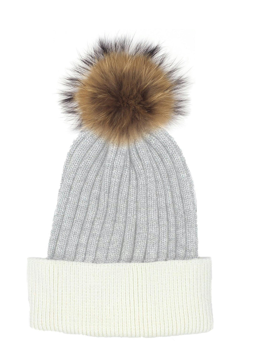 Ribbed Flat Wool Blend Hat With A Genuine Fur Pom (TikTok)
