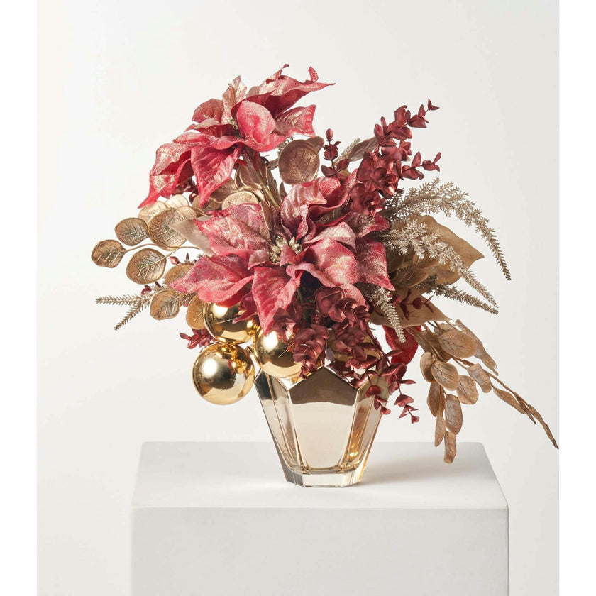 24 Karat Christmas - Gold Dust Poinsettia & Gold Ornament Ball Arrangement in Diamond Vase Holiday Centerpiece