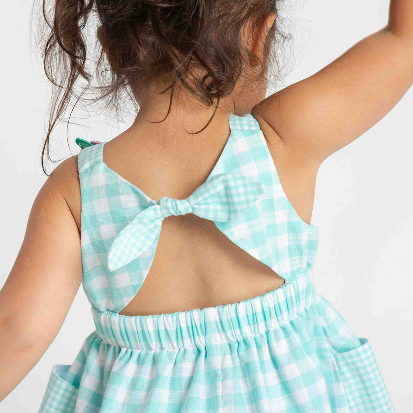 Gingham Linen-Look Dress With Flowers