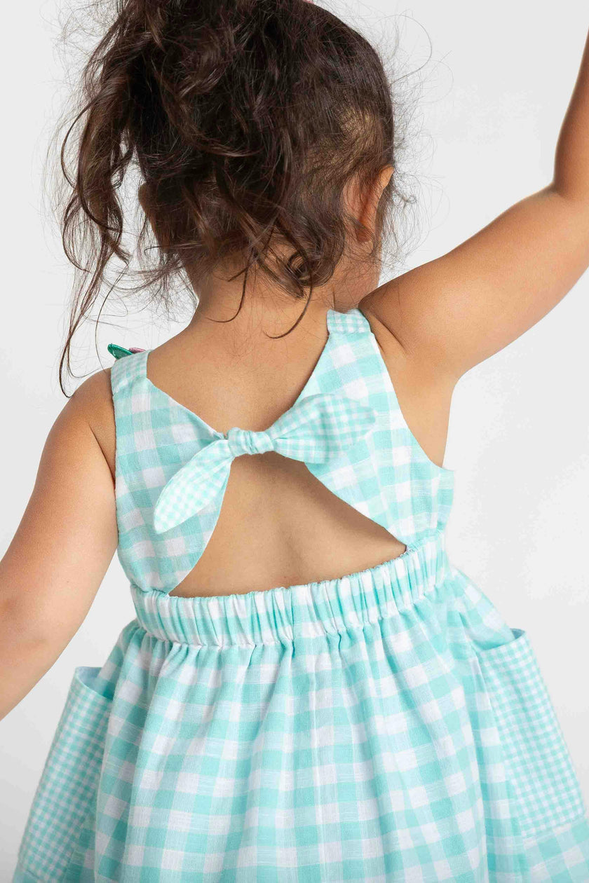 Gingham Linen-Look Dress With Flowers