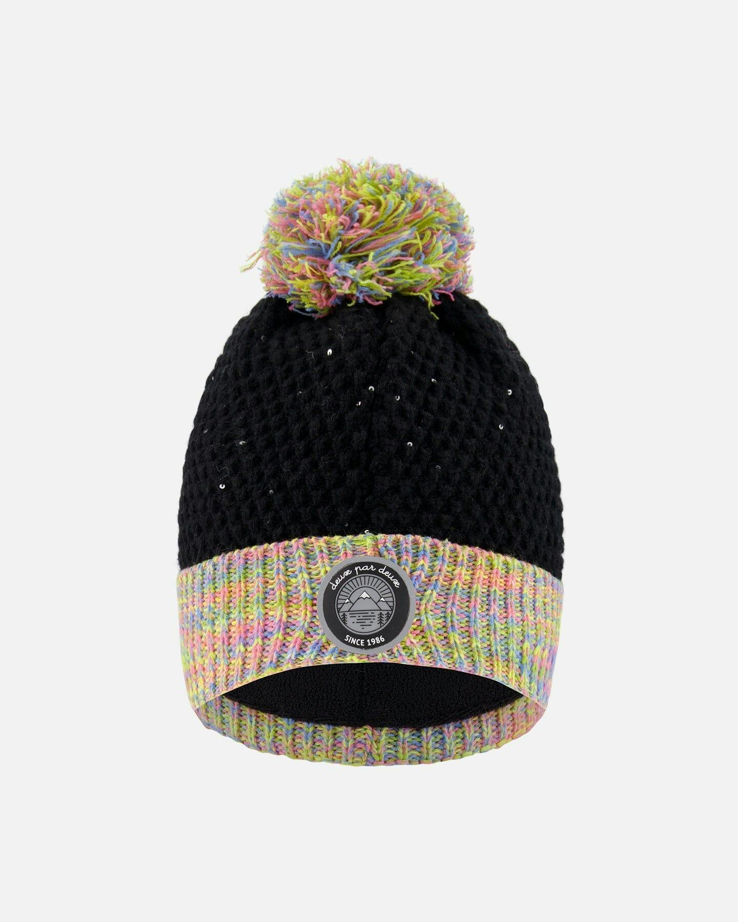 Lined Knit Hat with Pompom Black and Multicolor