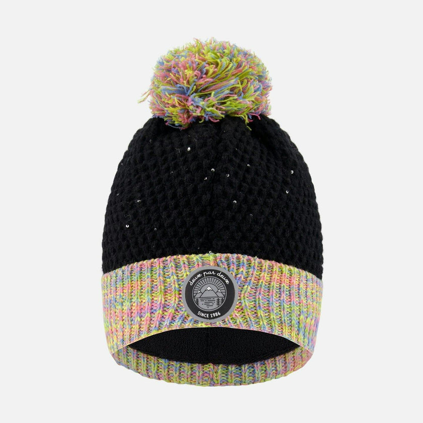 Lined Knit Hat with Pompom Black and Multicolor