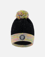 Lined Knit Hat with Pompom Black and Multicolor