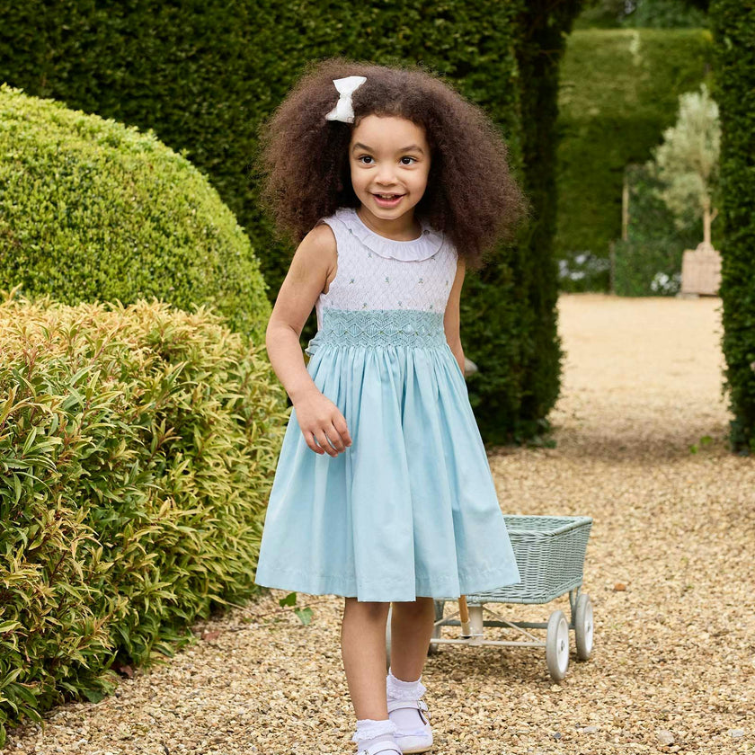 Sleeveless Willow Rose Hand Smocked Dress in Sea Blue