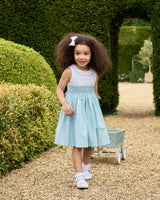 Sleeveless Willow Rose Hand Smocked Dress in Sea Blue