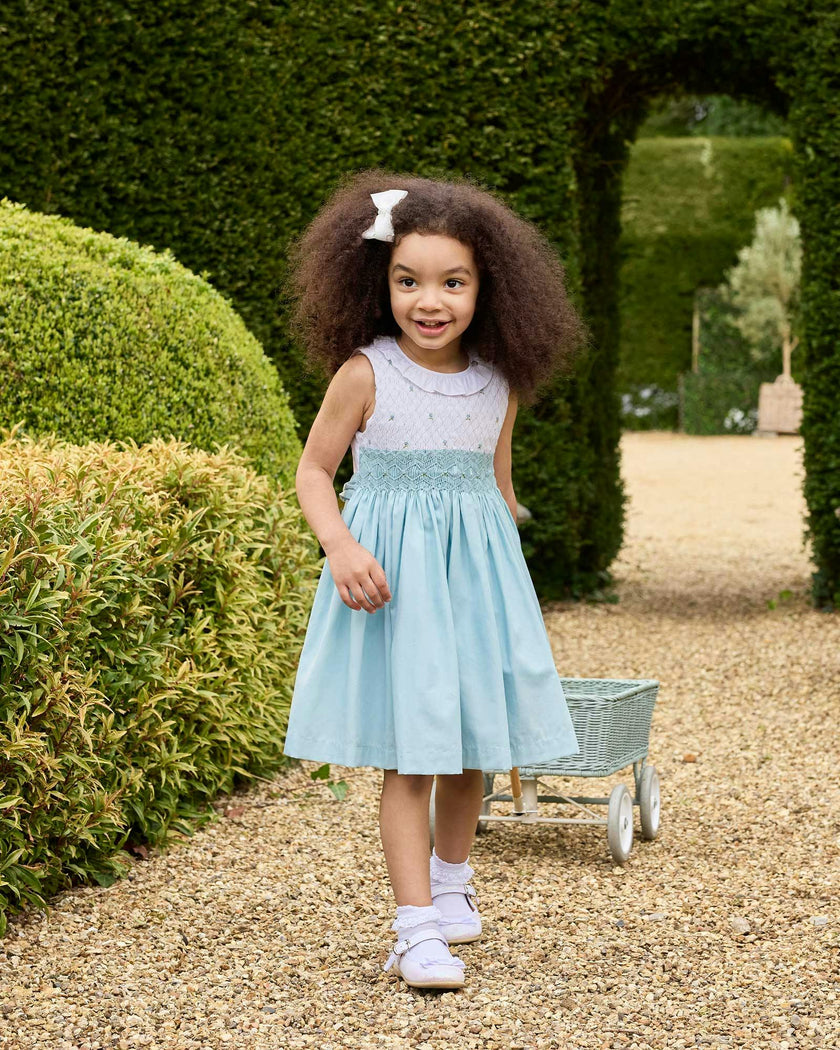Sleeveless Willow Rose Hand Smocked Dress in Sea Blue