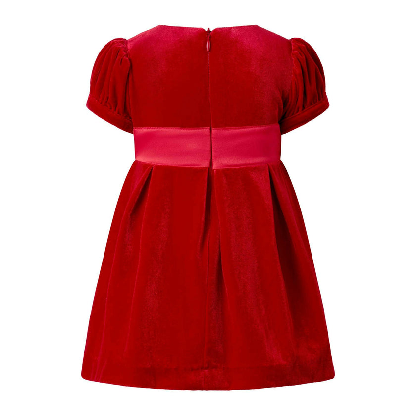 Baby Crushed Velvet Bow Ribbon Tie Short Puff Sleeve Dress