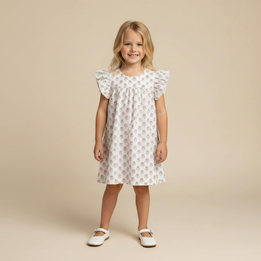 Organic Short Sleeve Flutter Dress - Lavender