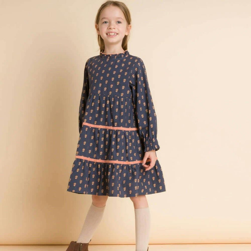 Long Sleeves Tiered Skirt Dress with Velvet Trim