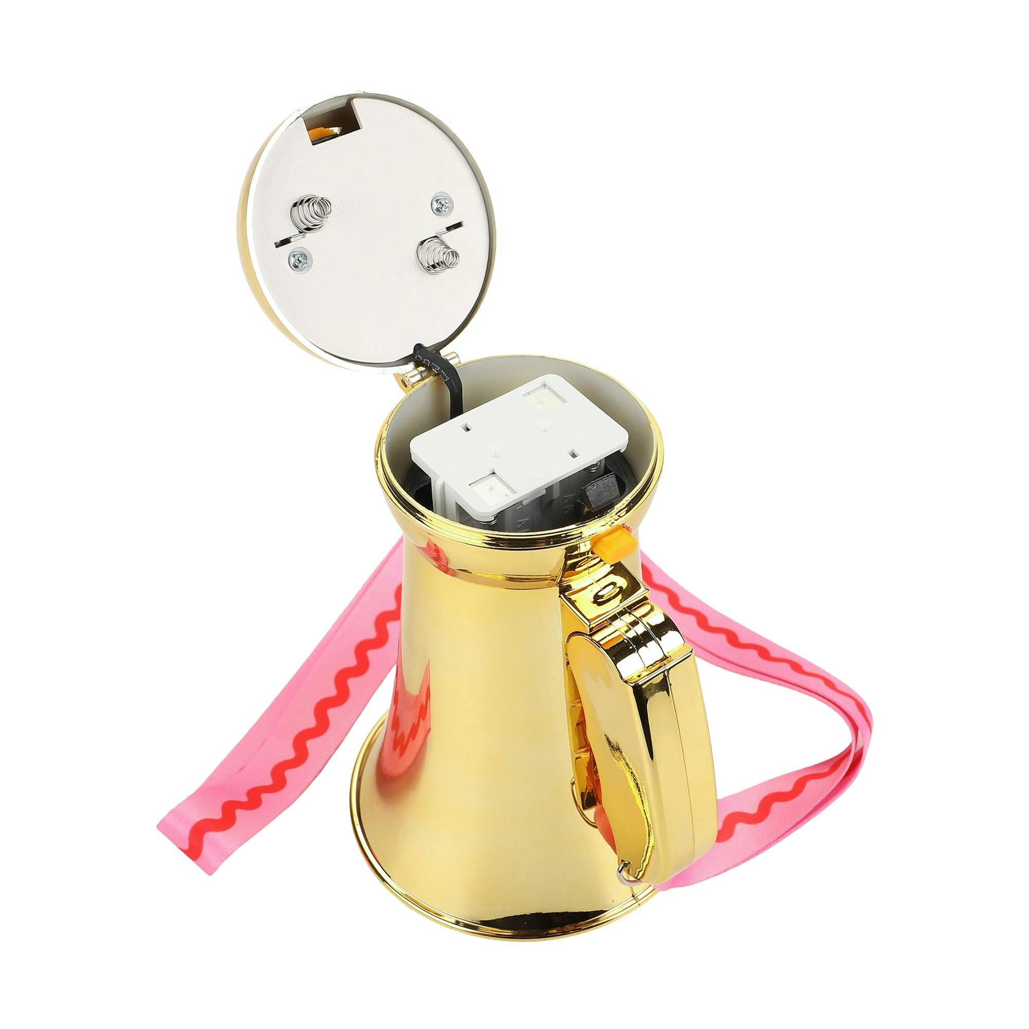 Packed Party Party Starter Gold Mini Megaphone - Shiny Gold with Pink Red Rickrack Strap, Battery Operated Party Megaphone for Bachelorettes and Birthdays