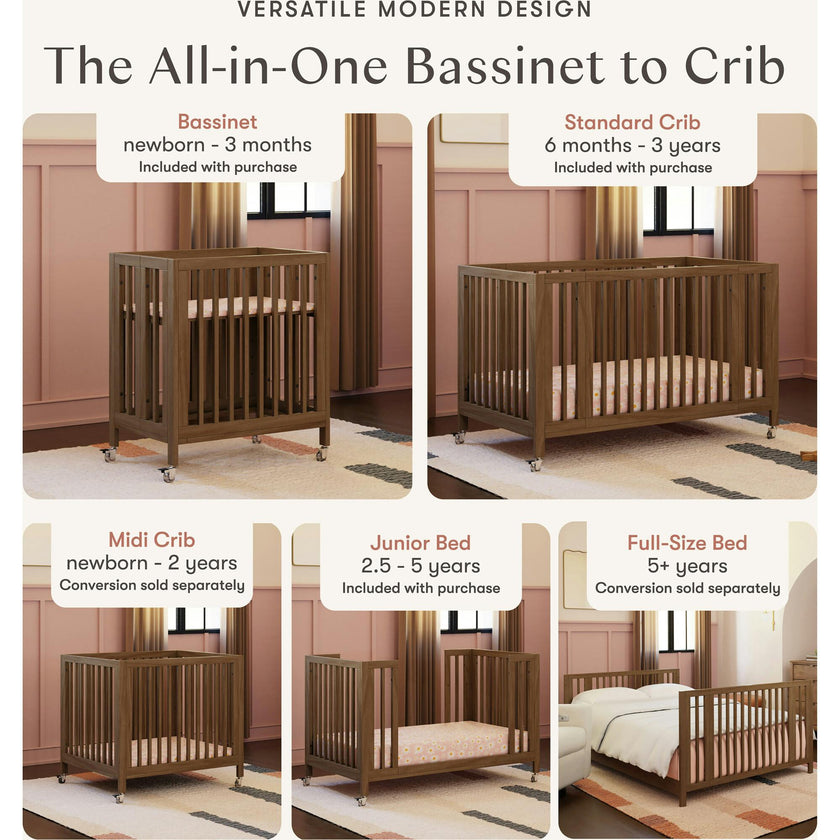 Rolli 9-in-1 Convertible All-Stages® Crib with Bassinet & Toddler Bed Conversion Kits in Natural Walnut