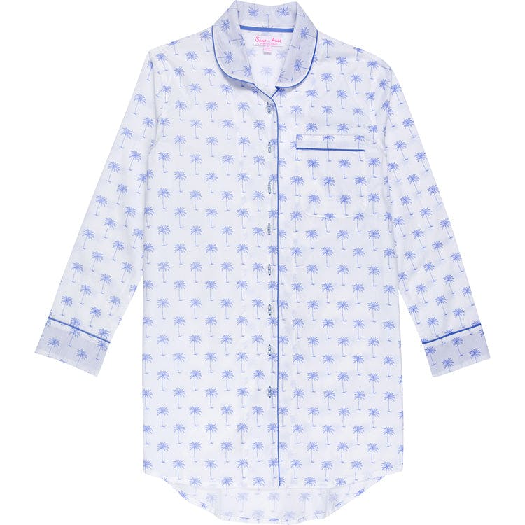 Women's Blue Palm Tree Night Shirt - Organic Cotton Poplin