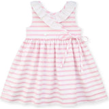 Pink Stripe Dress with Flower and Ruffle Neck