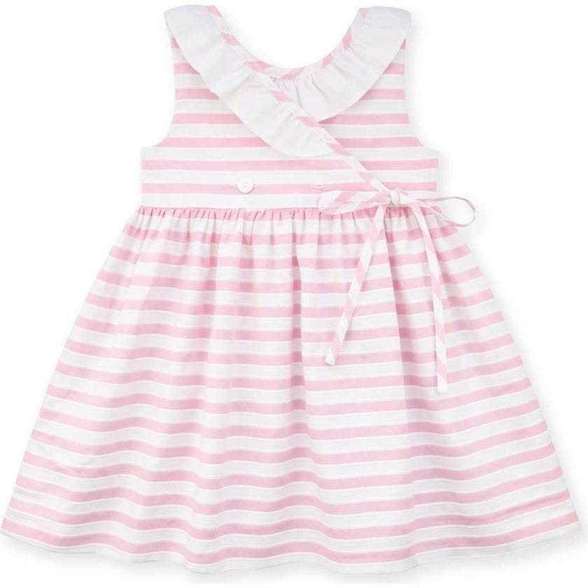 Pink Stripe Dress with Flower and Ruffle Neck